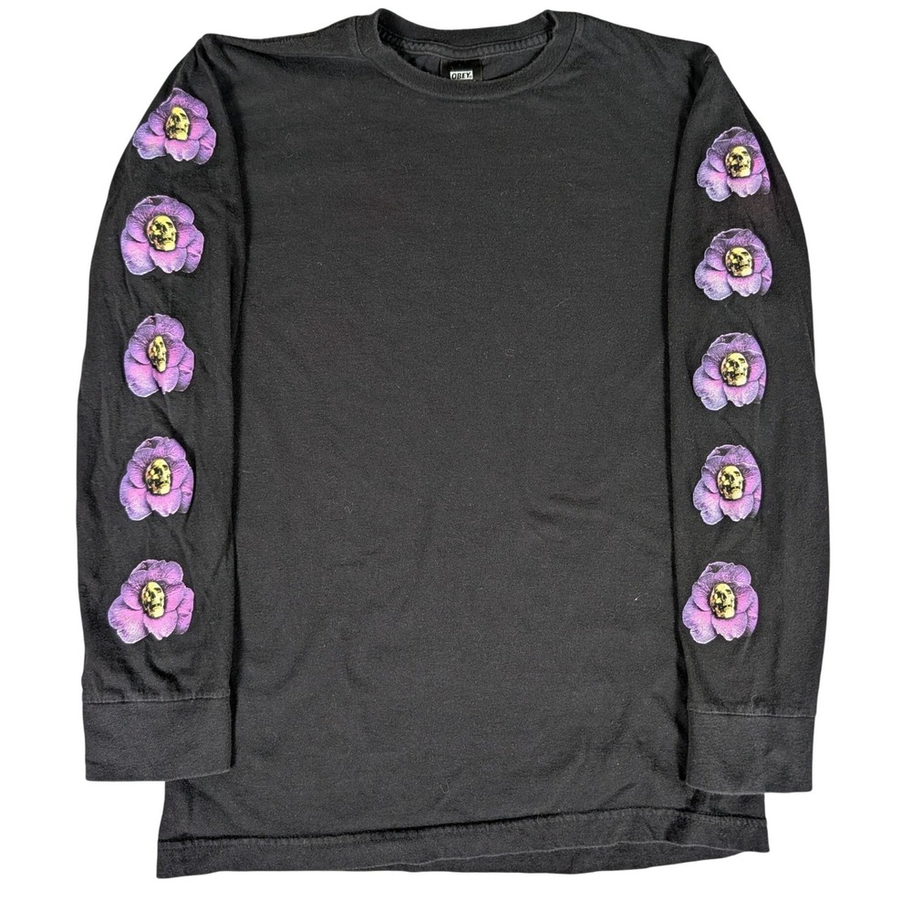 Obey Mens Black Long Sleeve Floral Skull Graphic T-Shirt Crew Neck Streetwear